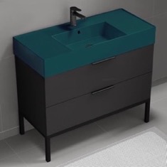 Modern Black Bathroom Vanity, 40 inch, Green Ceramic Sink, Free Standing